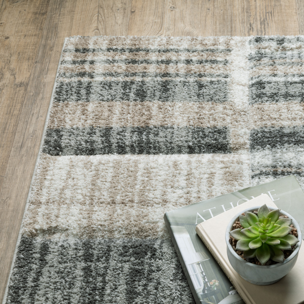 2" X 8" Grey Charcoal Ivory Tan Brown And Beige Geometric Power Loom Stain Resistant Runner Rug