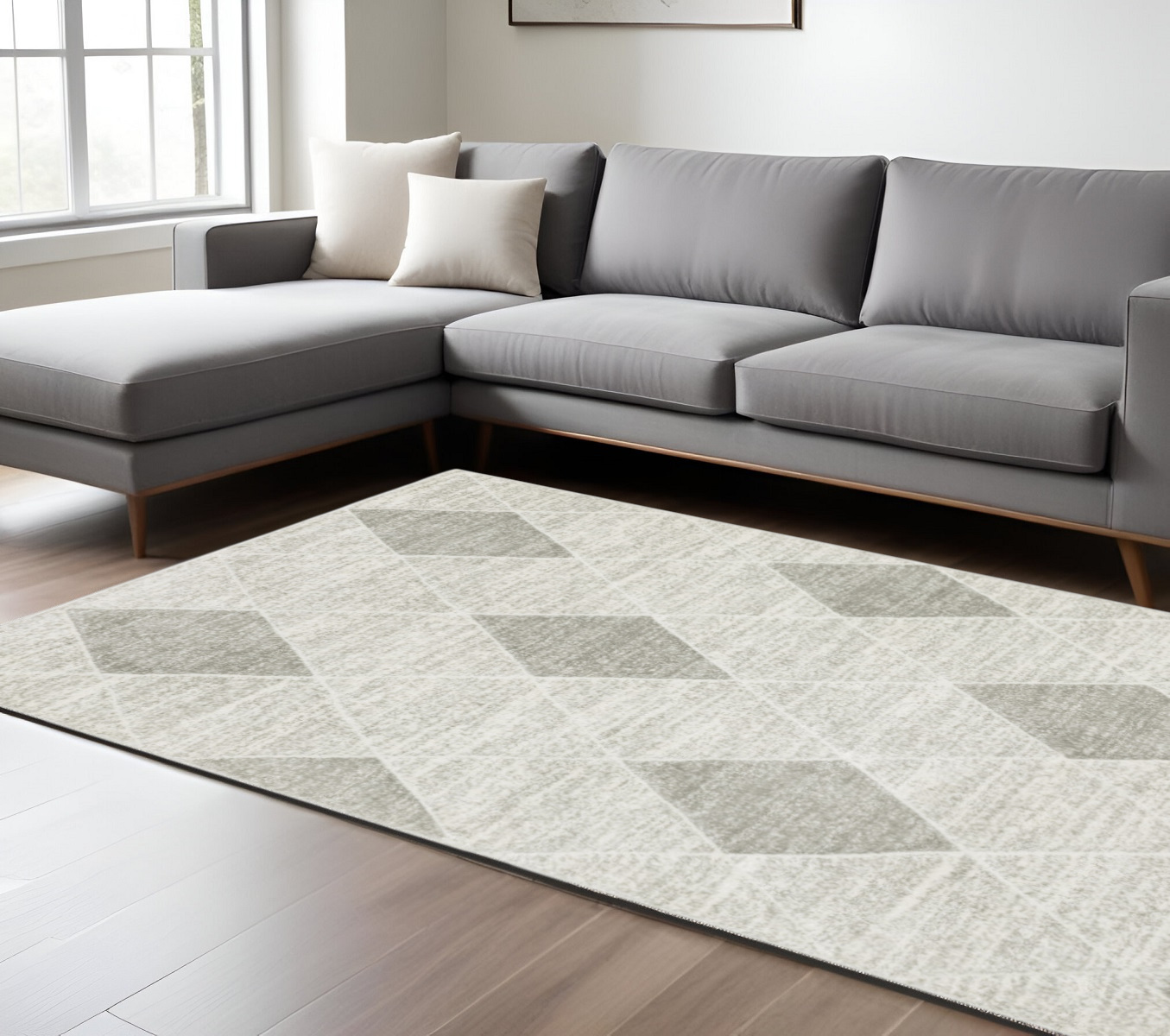 7" X 10" Gray and Ivory Geometric Power Loom Area Rug