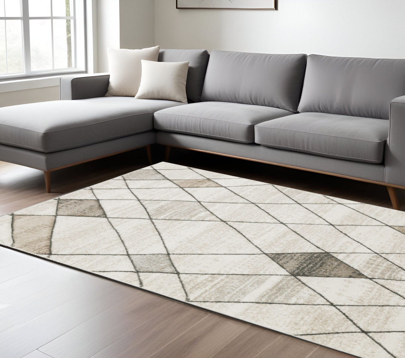 8" X 11" Beige and Black Geometric Power Loom Area Rug