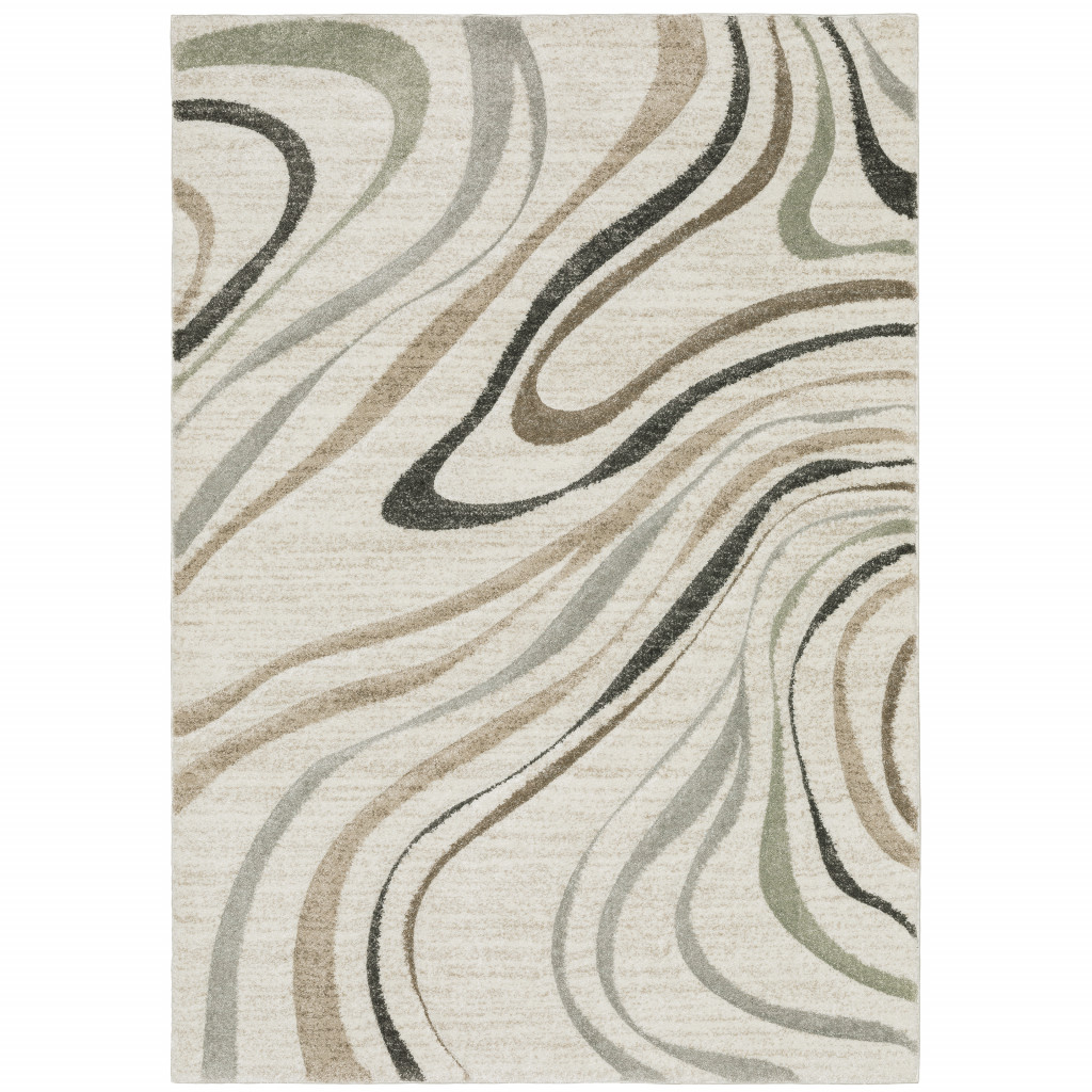 3" X 5" Beige Grey Brown Sage Pale Blue Tan And Charcoal Abstract Power Loom Stain Resistant Area Rug