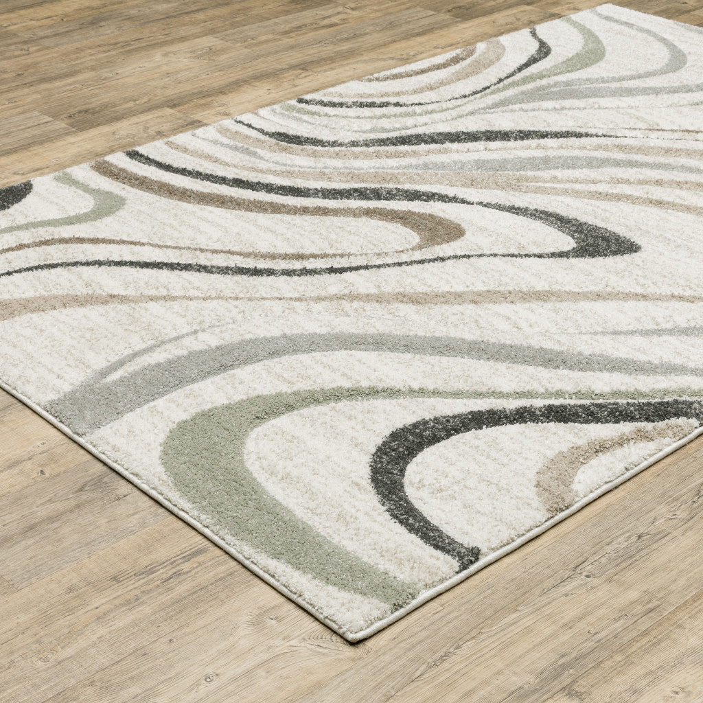 5" X 8" Beige Grey Brown Sage Pale Blue Tan And Charcoal Abstract Power Loom Stain Resistant Area Rug