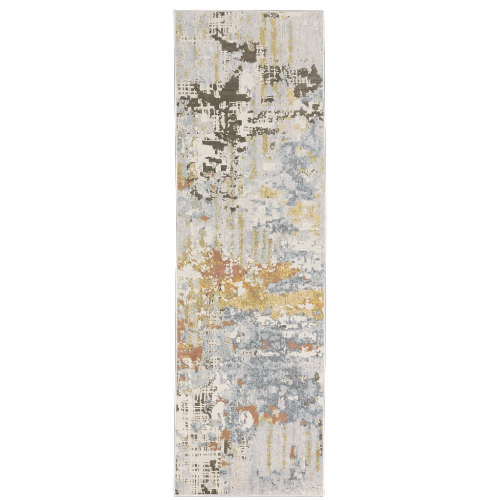 2" X 8" Grey Blue Beige Gold And Rust Abstract Power Loom Stain Resistant Runner Rug
