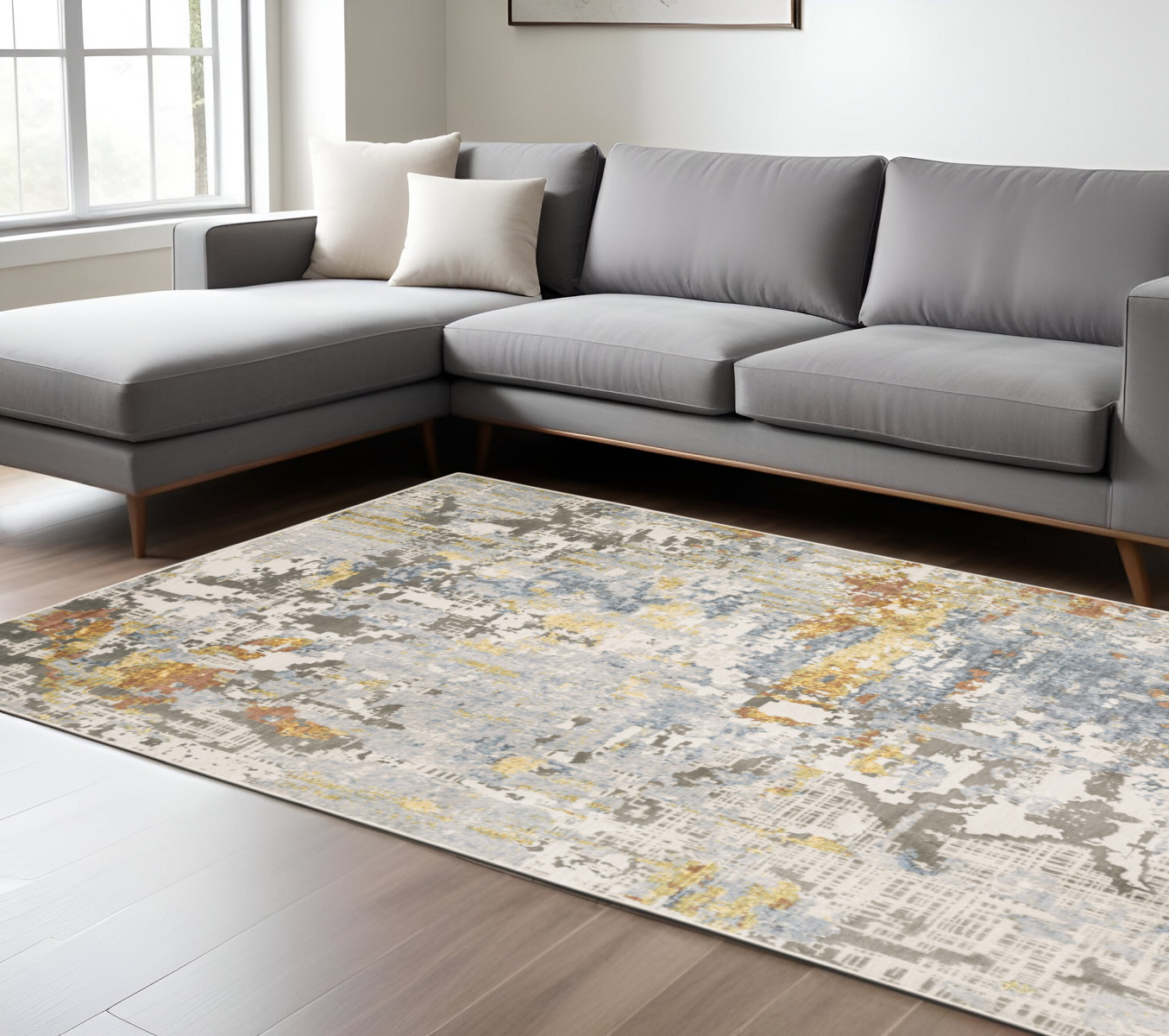 7" X 10" Blue and Gray Abstract Power Loom Area Rug