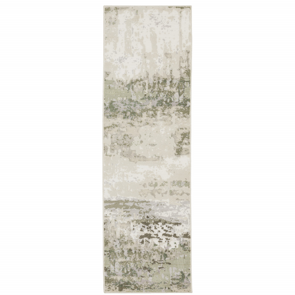 2" X 8" Beige Grey Brown And Sage Green Abstract Power Loom Stain Resistant Runner Rug