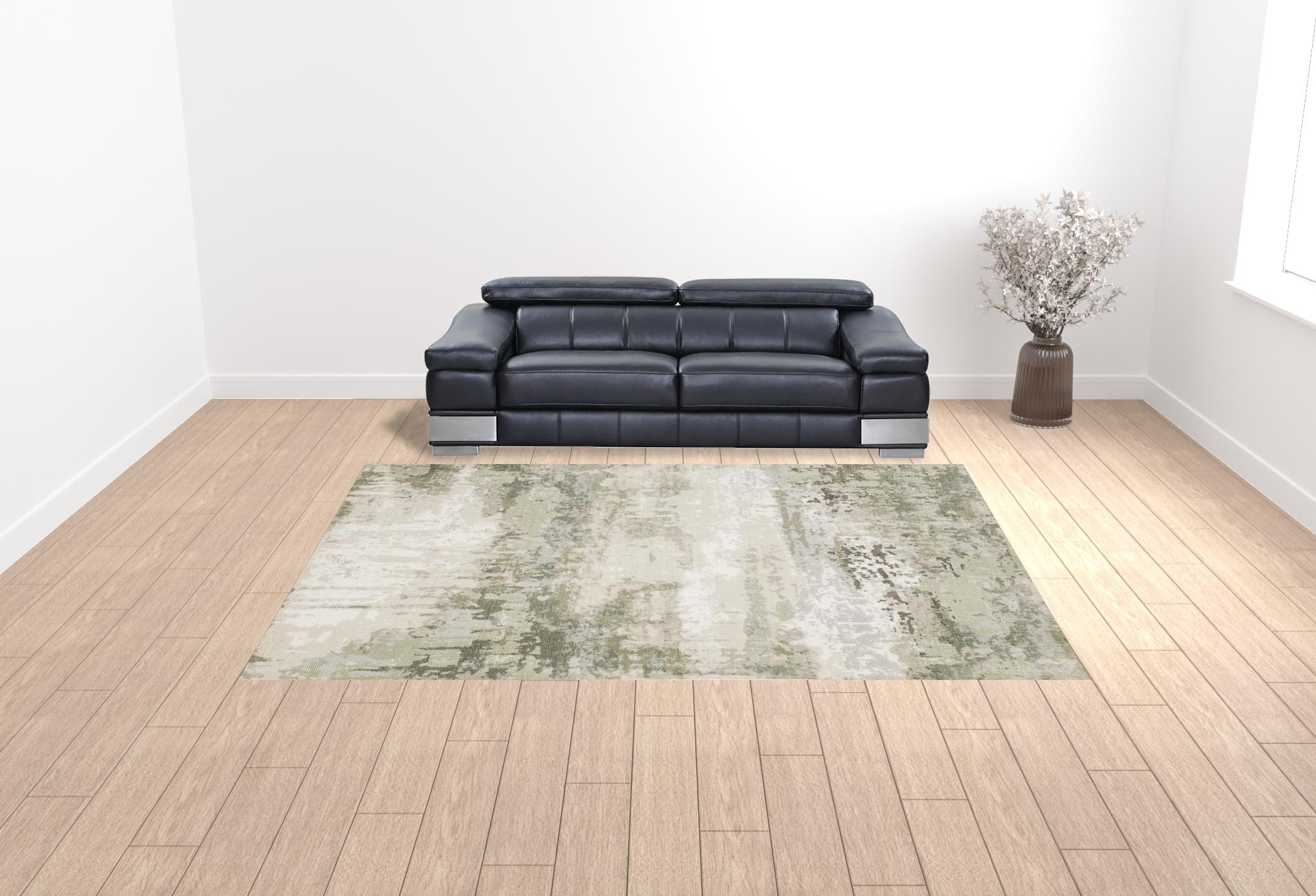 10" X 13" Beige Grey Brown And Sage Green Abstract Power Loom Stain Resistant Area Rug