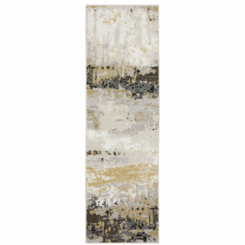 2 X 8 grey gold Beige Black And Brown Abstract Power Loom Stain Resistant Runner Rug