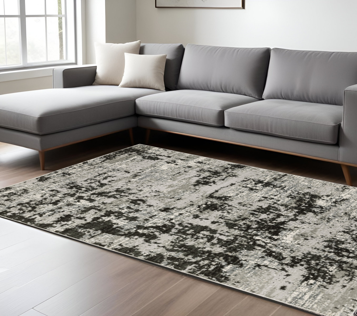 7" X 10" Gray and Ivory Abstract Power Loom Area Rug
