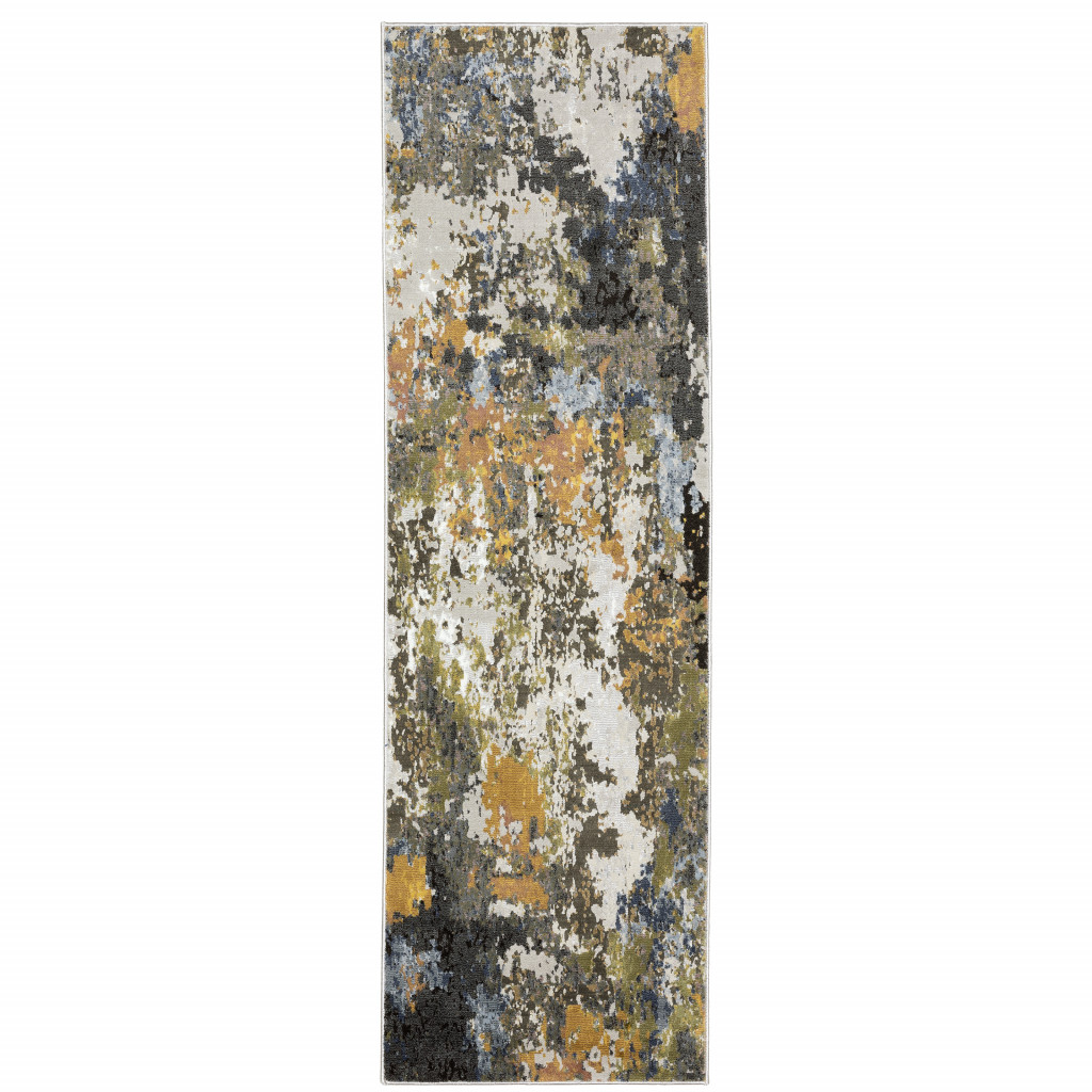 2" X 8" Grey Gold Blue Orange Beige And Brown Abstract Power Loom Stain Resistant Runner Rug