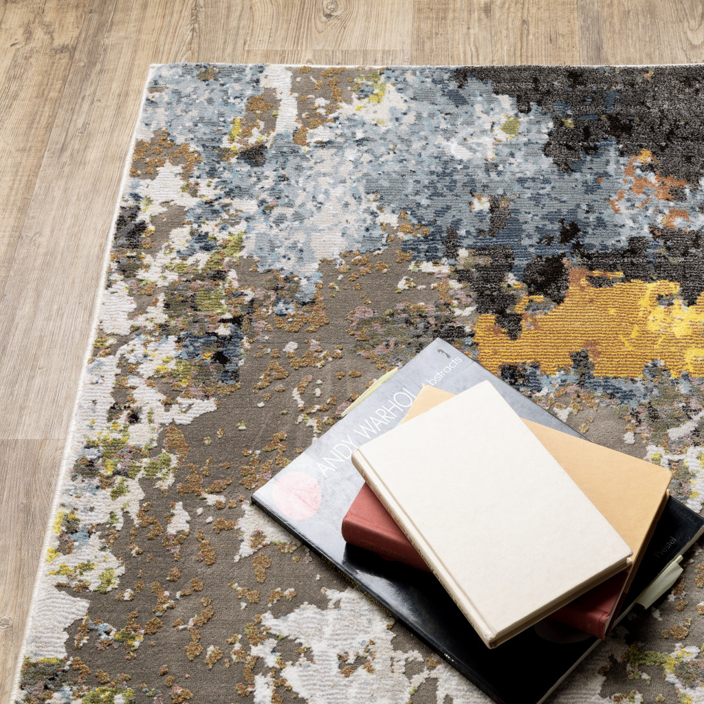 2" X 8" Grey Gold Blue Orange Beige And Brown Abstract Power Loom Stain Resistant Runner Rug