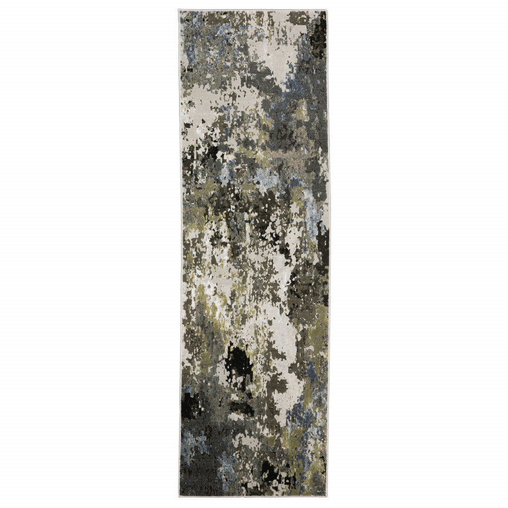 2" X 8" Grey Green Gold Blue And Beige Abstract Power Loom Stain Resistant Runner Rug
