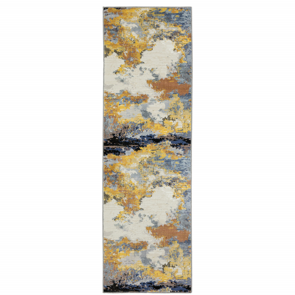 2 X 8 Yellow gold Blue grey Brown And Beige Abstract Power Loom Stain Resistant Runner Rug