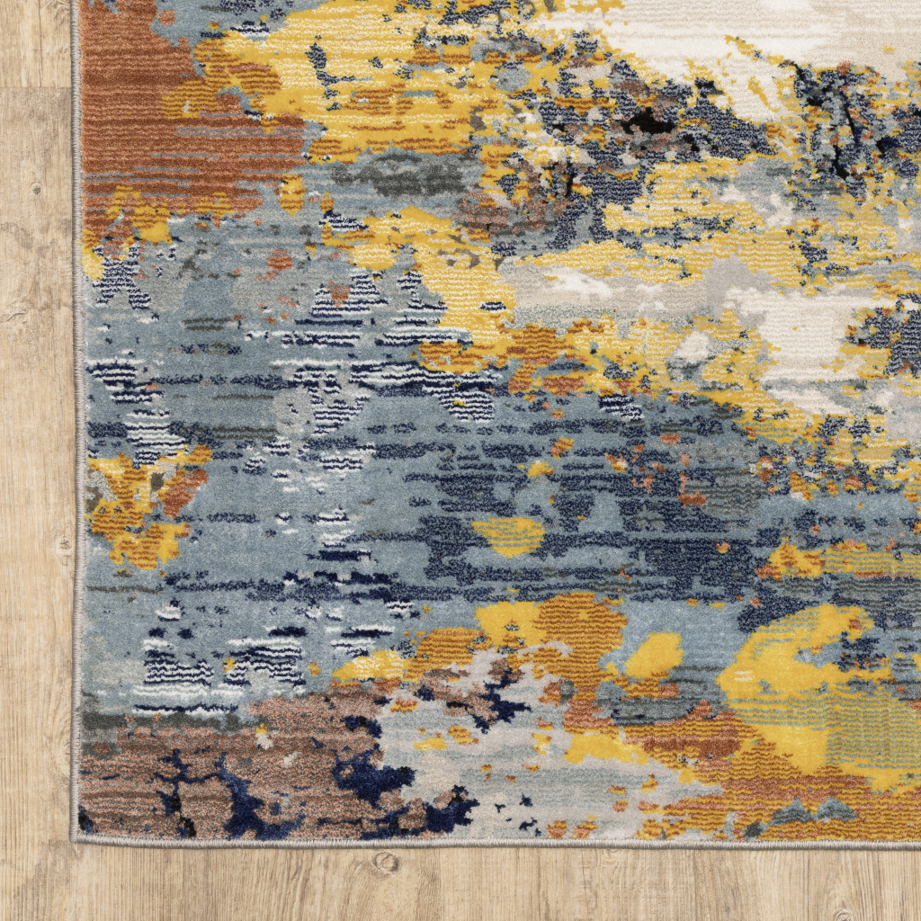 2 X 8 Yellow gold Blue grey Brown And Beige Abstract Power Loom Stain Resistant Runner Rug