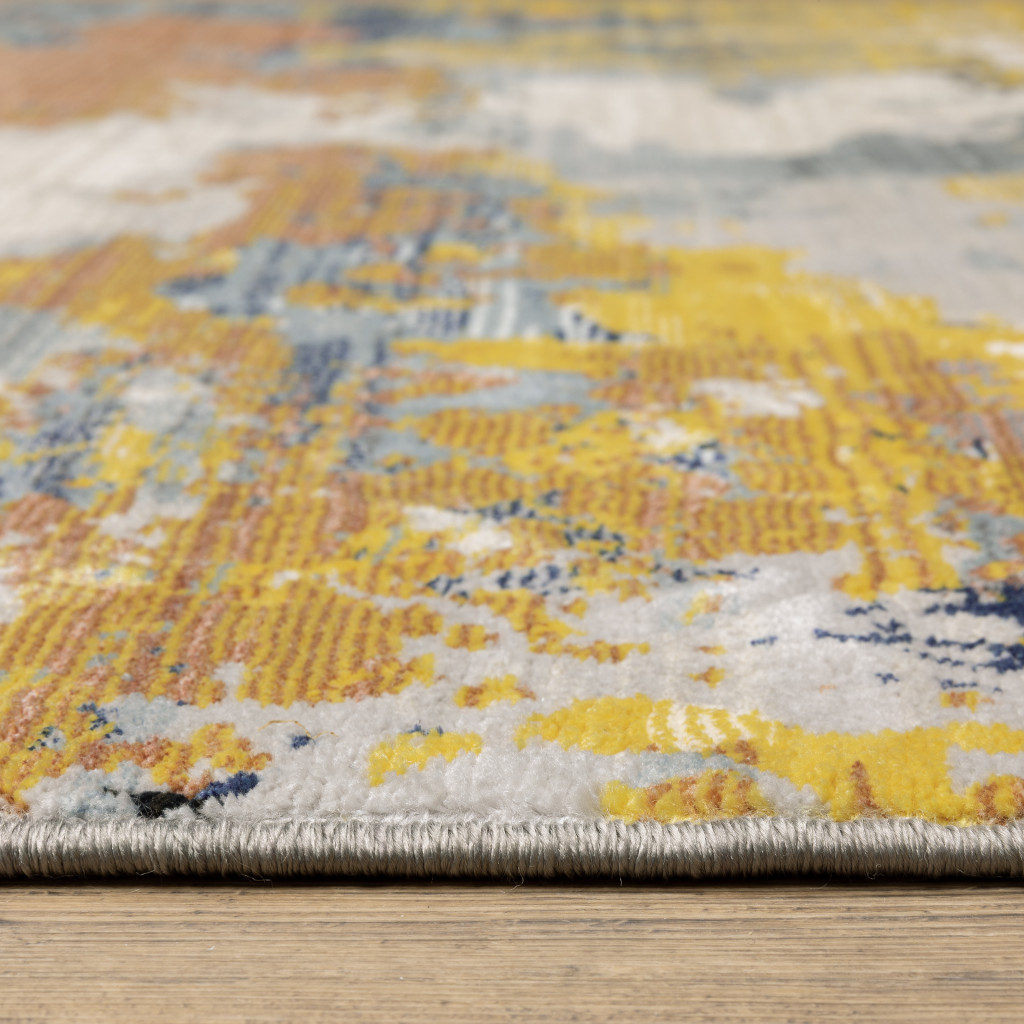 5" X 8" Yellow Gold Blue Grey Brown And Beige Abstract Power Loom Stain Resistant Area Rug