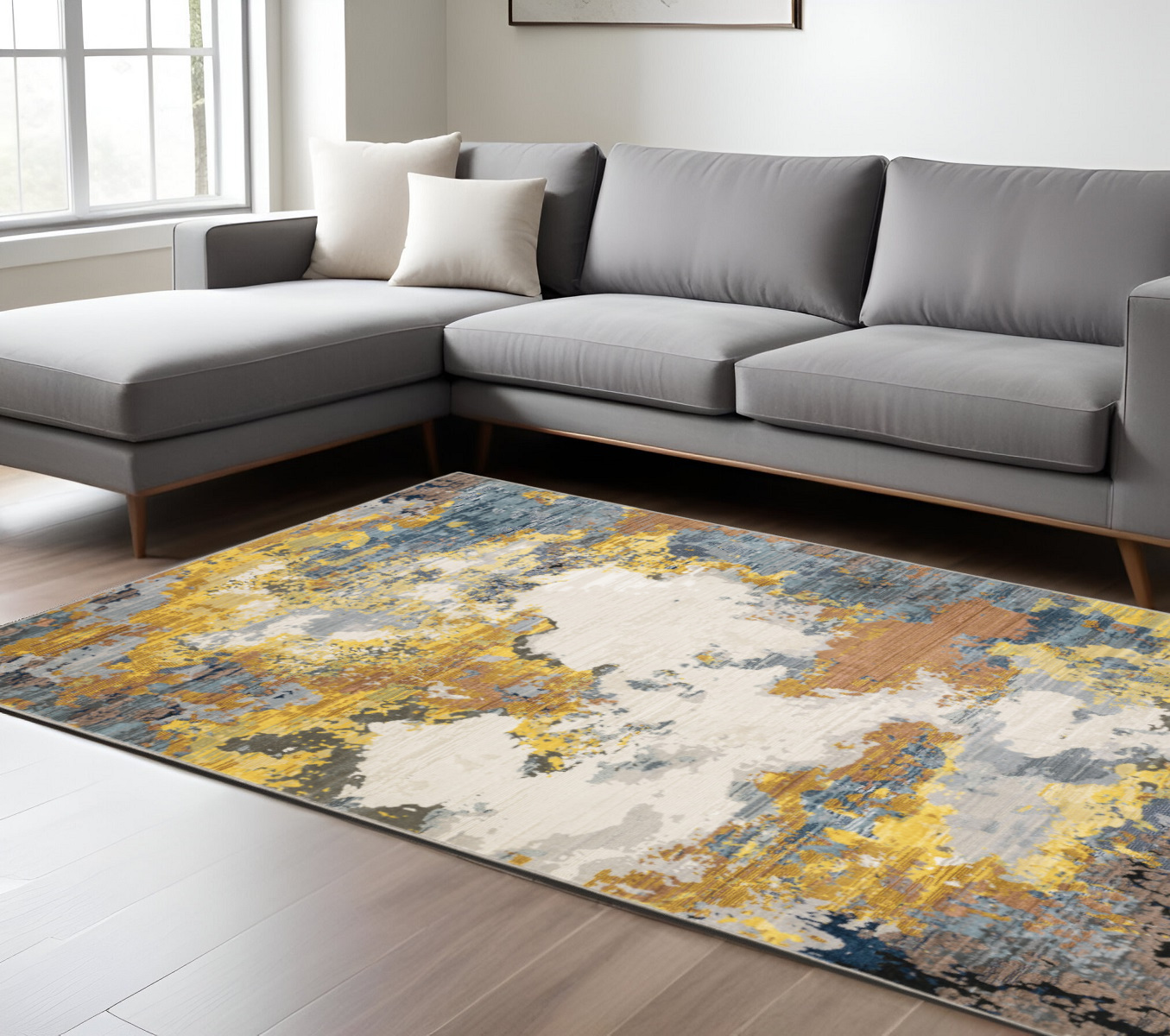 7" X 10" Blue and Beige Abstract Power Loom Area Rug