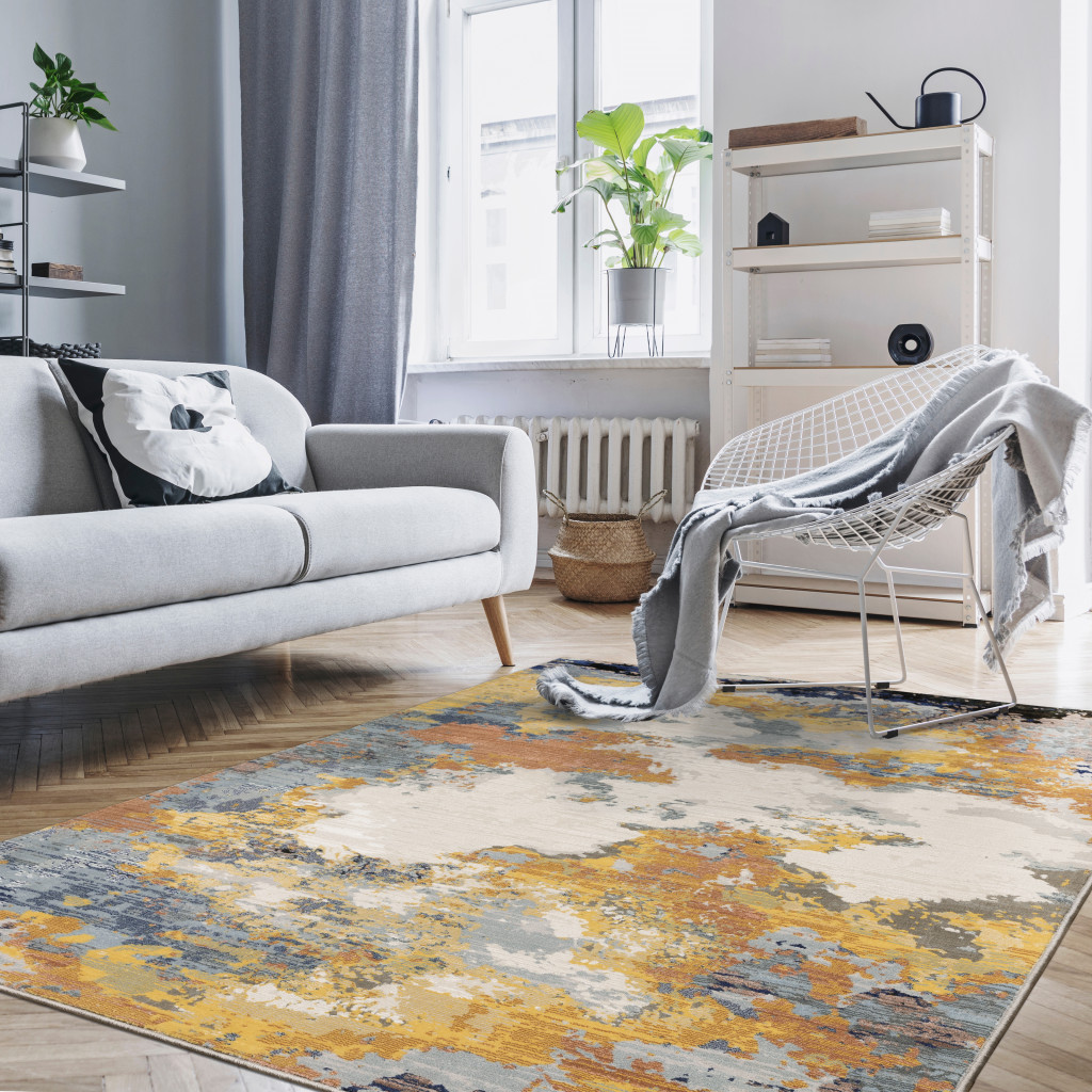 7" X 10" Blue and Beige Abstract Power Loom Area Rug