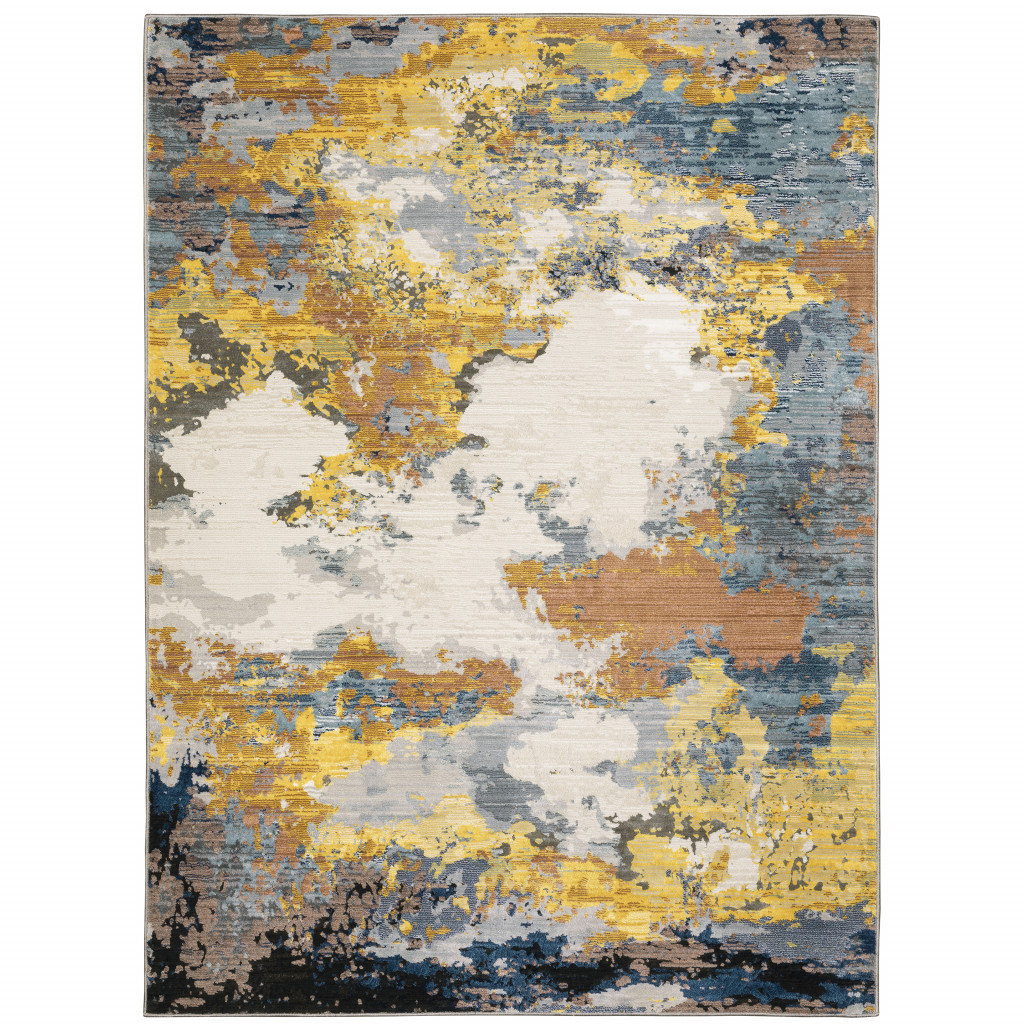 8" X 11" Yellow Gold Blue Grey Brown And Beige Abstract Power Loom Stain Resistant Area Rug