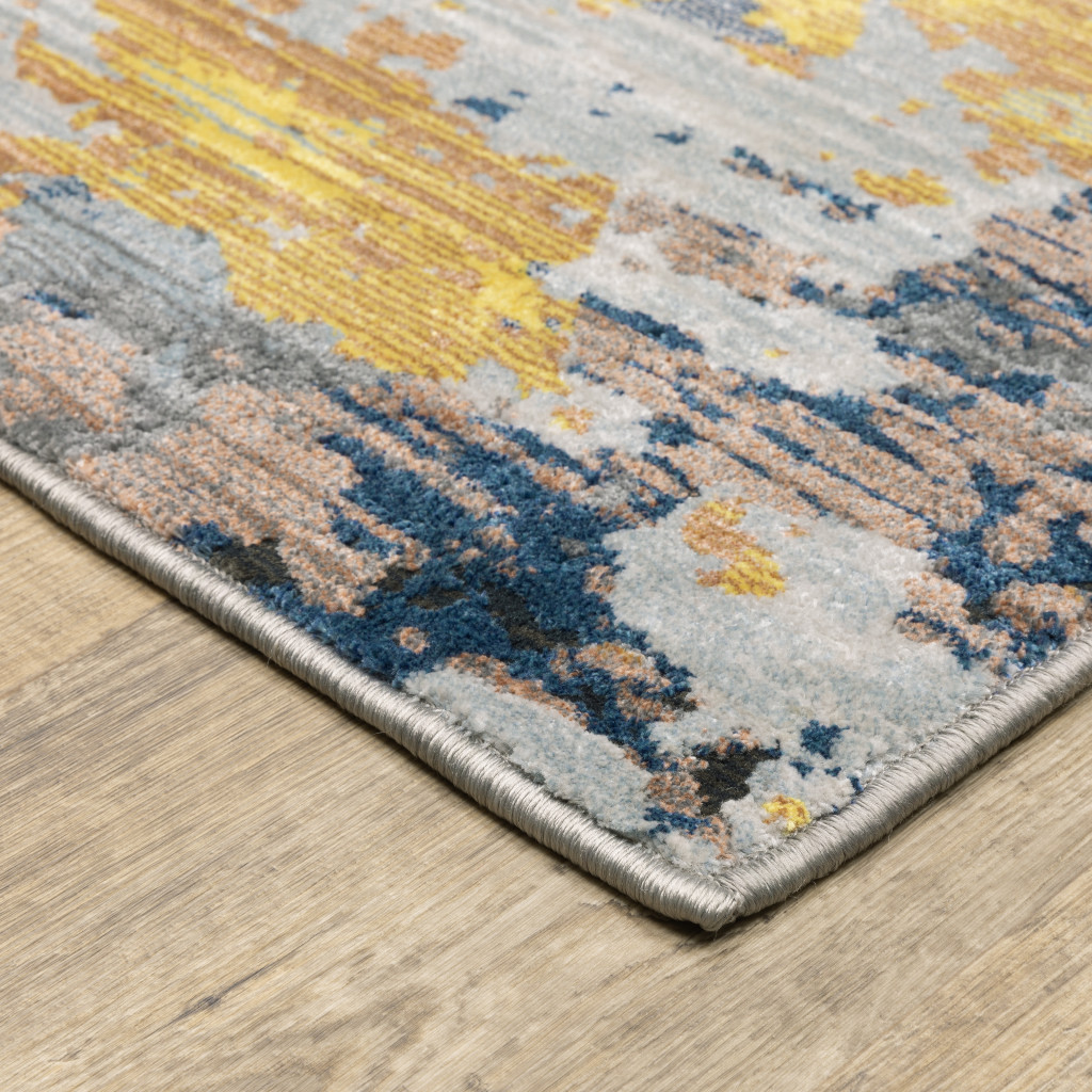 8" X 11" Yellow Gold Blue Grey Brown And Beige Abstract Power Loom Stain Resistant Area Rug