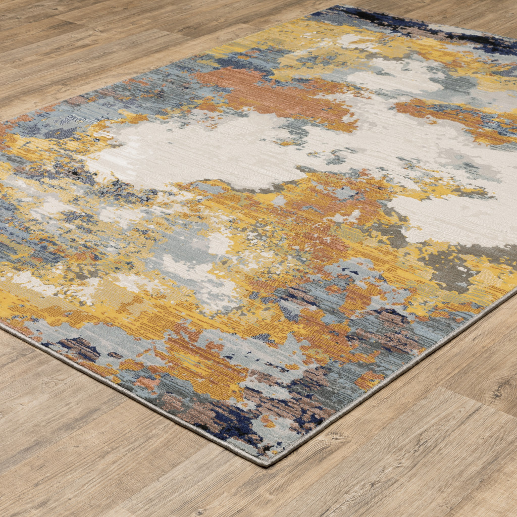 8" X 11" Yellow Gold Blue Grey Brown And Beige Abstract Power Loom Stain Resistant Area Rug