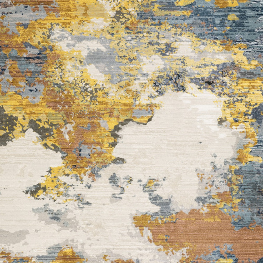 10" X 13" Yellow Gold Blue Grey Brown And Beige Abstract Power Loom Stain Resistant Area Rug