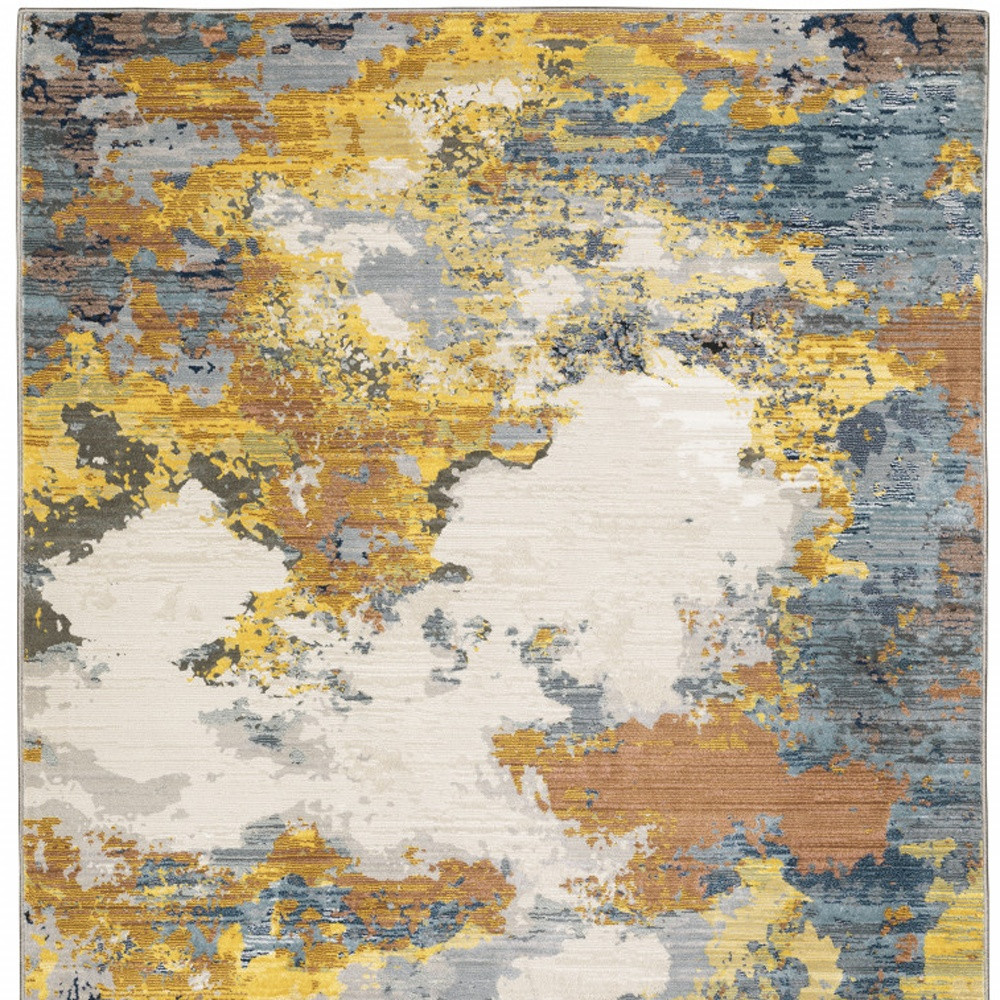 10" X 13" Yellow Gold Blue Grey Brown And Beige Abstract Power Loom Stain Resistant Area Rug