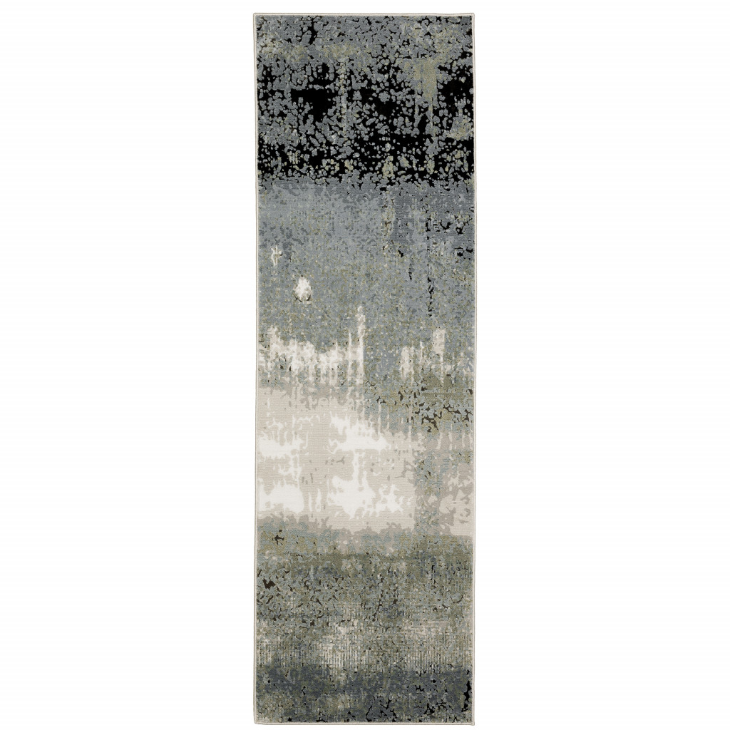 2" X 8" Blue Green Grey And Beige Abstract Power Loom Stain Resistant Runner Rug