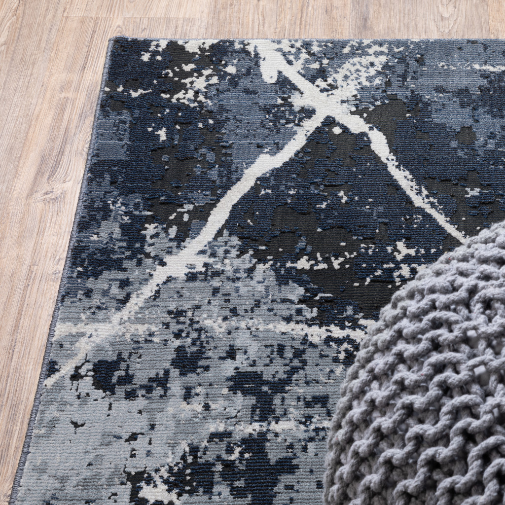 2" X 8" Blue Grey And Beige Abstract Power Loom Stain Resistant Runner Rug