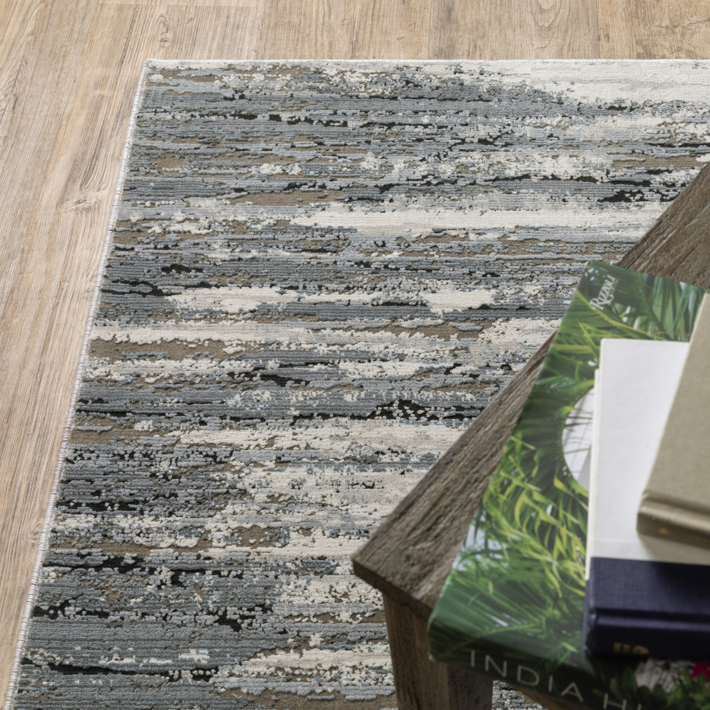 10" X 13" Blue Grey Beige And Brown Abstract Power Loom Stain Resistant Area Rug