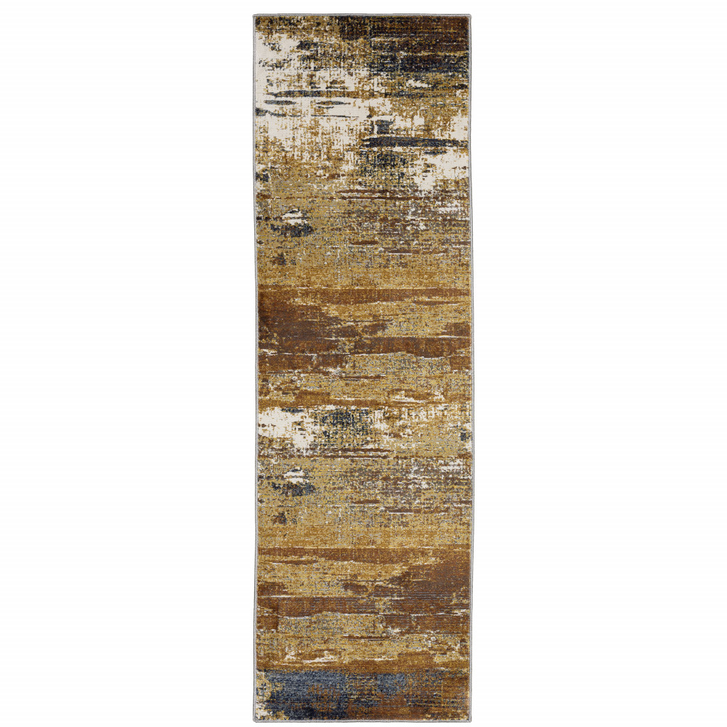 2 X 8 gold Brown Rust grey Blue And Beige Abstract Power Loom Stain Resistant Runner Rug