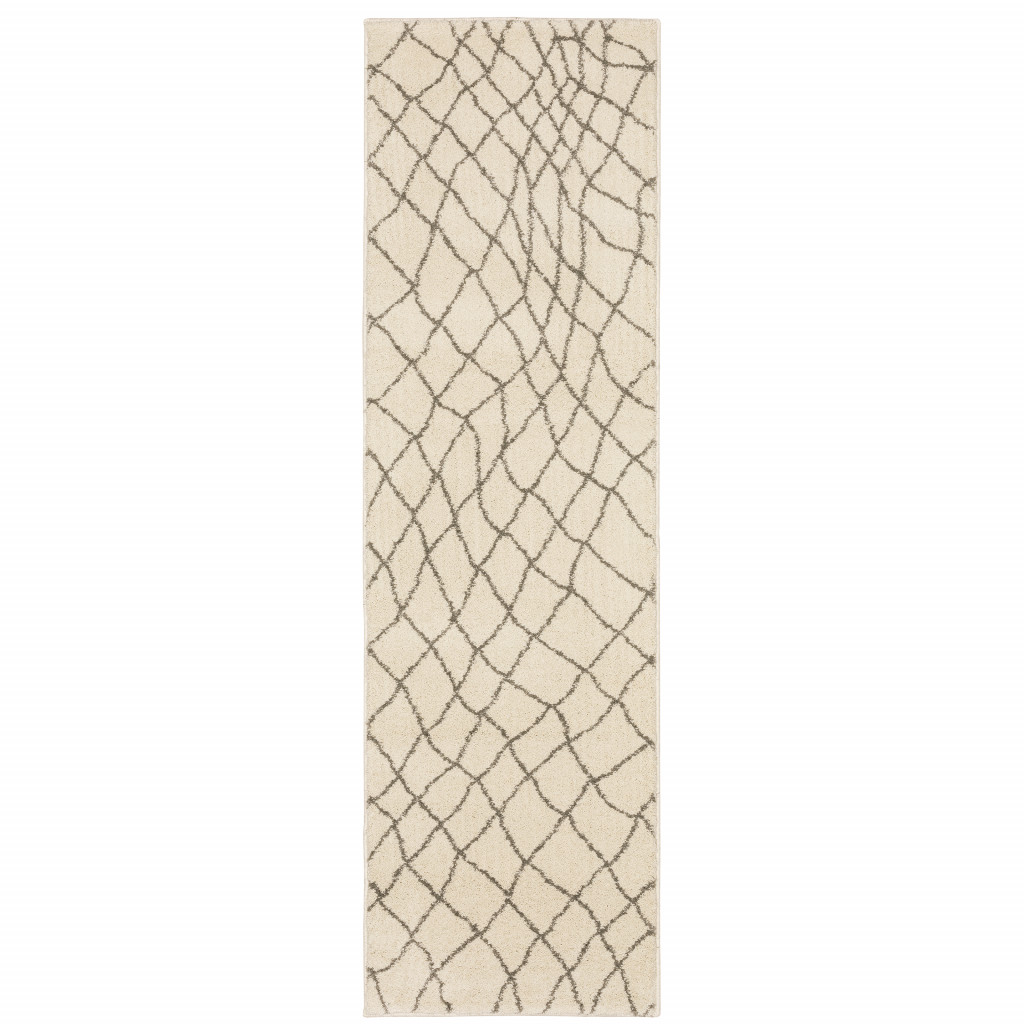 2" X 8" Ivory And Grey Geometric Power Loom Stain Resistant Runner Rug