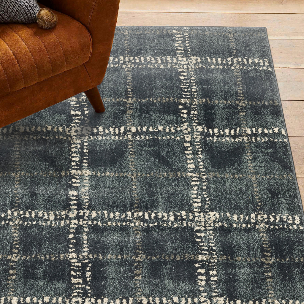 4 X 6 Blue And Ivory geometric Power Loom Stain Resistant Area Rug