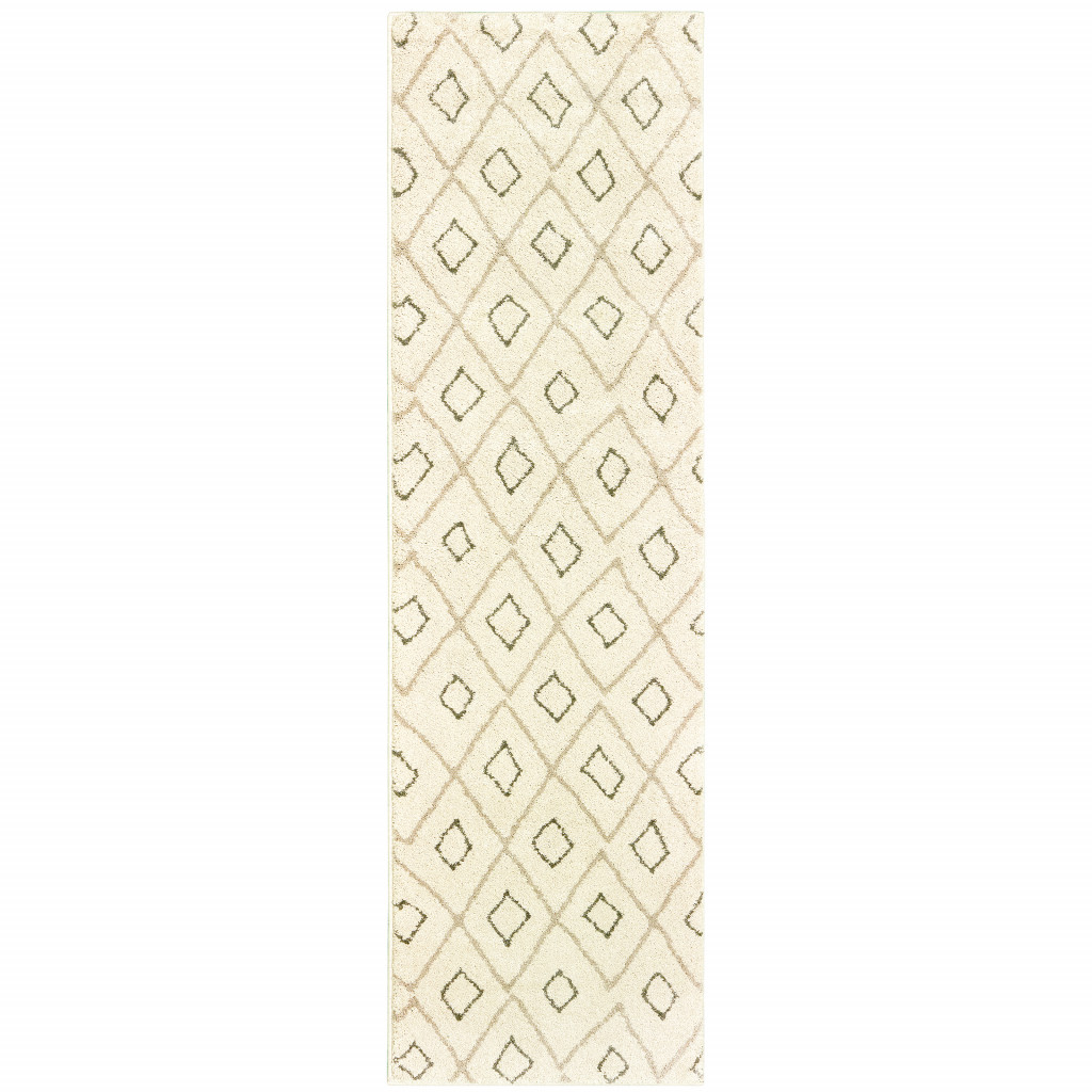 2 X 8 Sand Ash grey And Ivory geometric Power Loom Stain Resistant Runner Rug