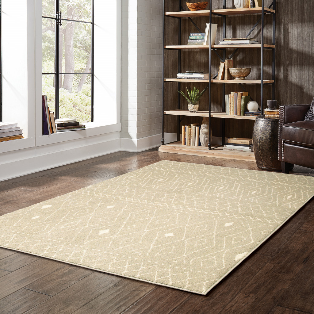 8" X 10" Sand And Ivory Geometric Power Loom Stain Resistant Area Rug