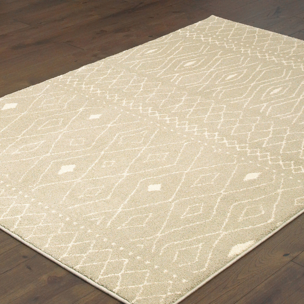 8" X 10" Sand And Ivory Geometric Power Loom Stain Resistant Area Rug