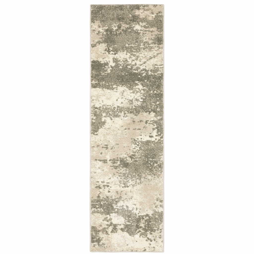 2 X 8 Beige And grey Abstract Power Loom Stain Resistant Runner Rug