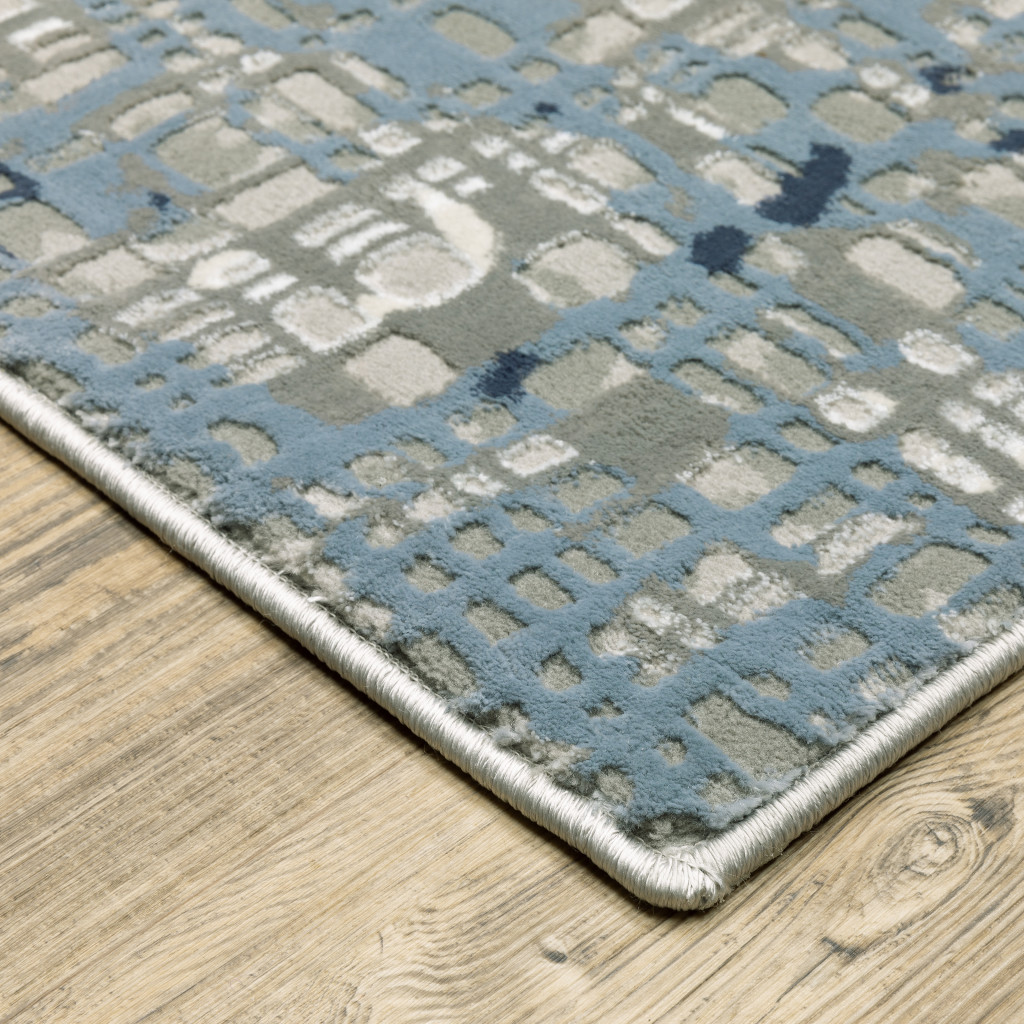 2" X 8" Blue Ivory Grey Brown Beige And Light Blue Abstract Power Loom Stain Resistant Runner Rug