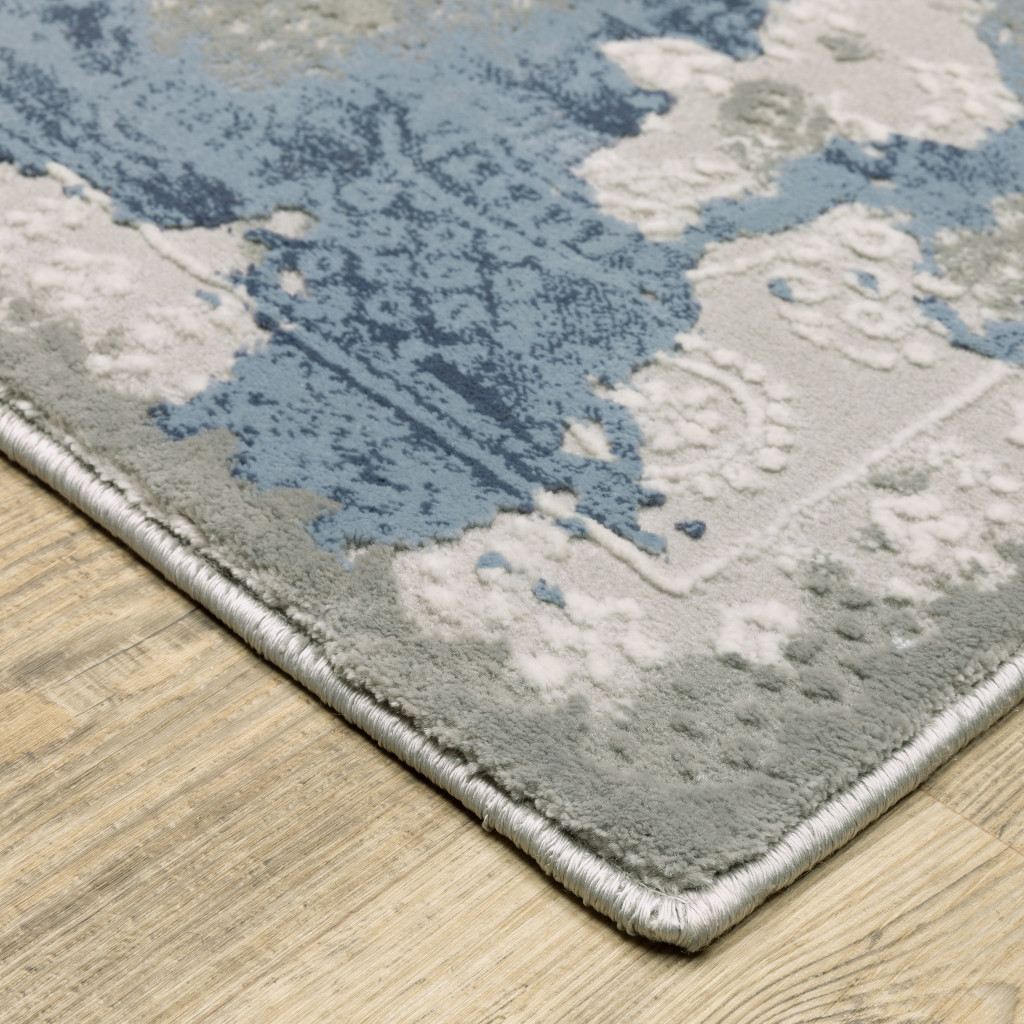 2" X 8" Grey Blue Ivory Navy Beige And Brown Abstract Power Loom Stain Resistant Runner Rug