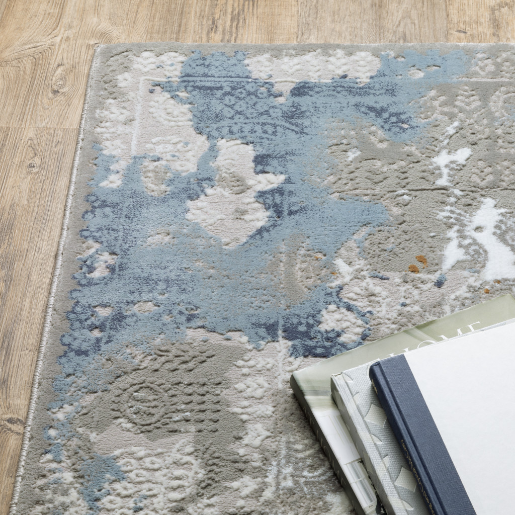 2" X 8" Grey Blue Ivory Navy Beige And Brown Abstract Power Loom Stain Resistant Runner Rug