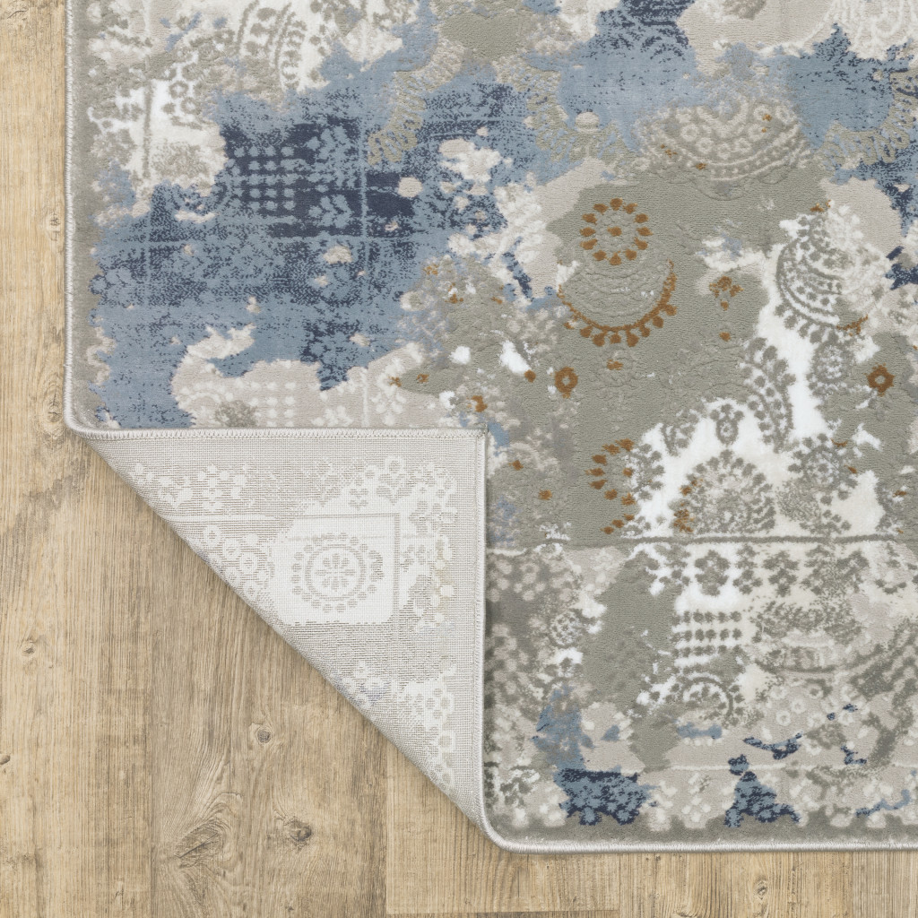 2" X 8" Grey Blue Ivory Navy Beige And Brown Abstract Power Loom Stain Resistant Runner Rug