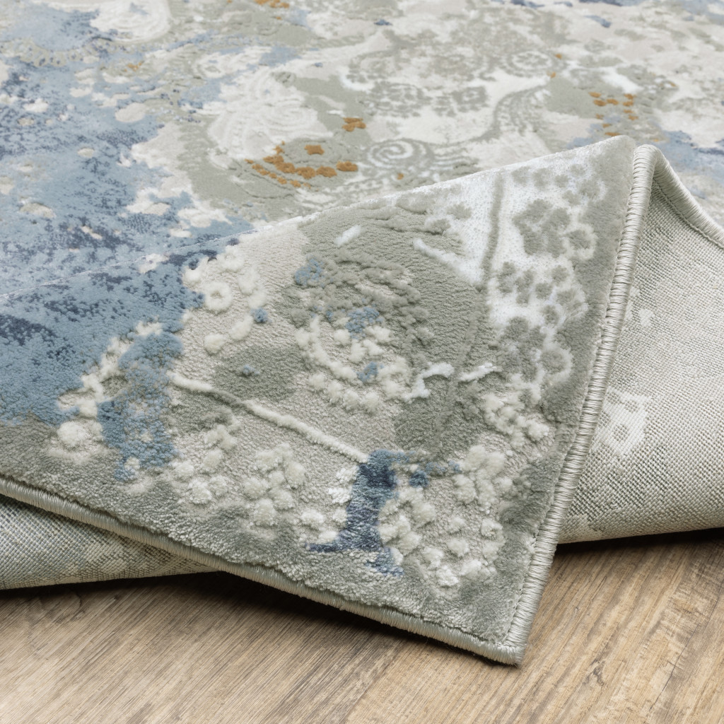 2" X 8" Grey Blue Ivory Navy Beige And Brown Abstract Power Loom Stain Resistant Runner Rug