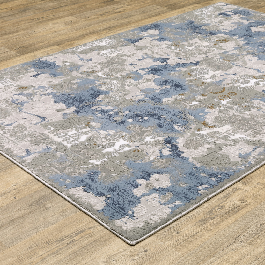 10" X 13" Grey Blue Ivory Navy Beige And Brown Abstract Power Loom Stain Resistant Area Rug