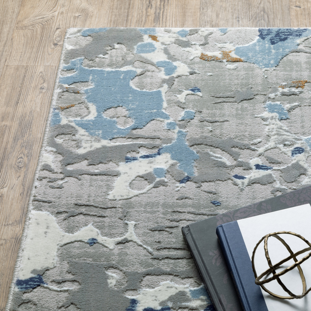 5" X 8" Grey Blue Ivory Navy Beige And Brown Abstract Power Loom Stain Resistant Area Rug