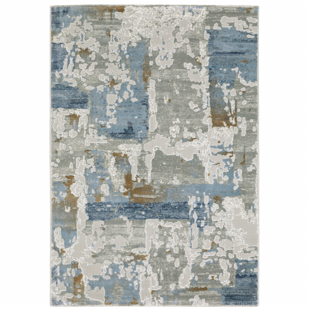 6" X 9" Grey Blue Navy Ivory And Brown Abstract Power Loom Stain Resistant Area Rug