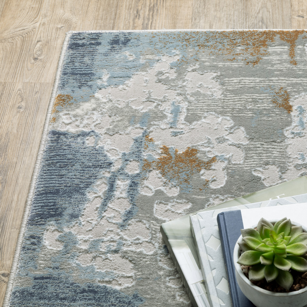 6" X 9" Grey Blue Navy Ivory And Brown Abstract Power Loom Stain Resistant Area Rug