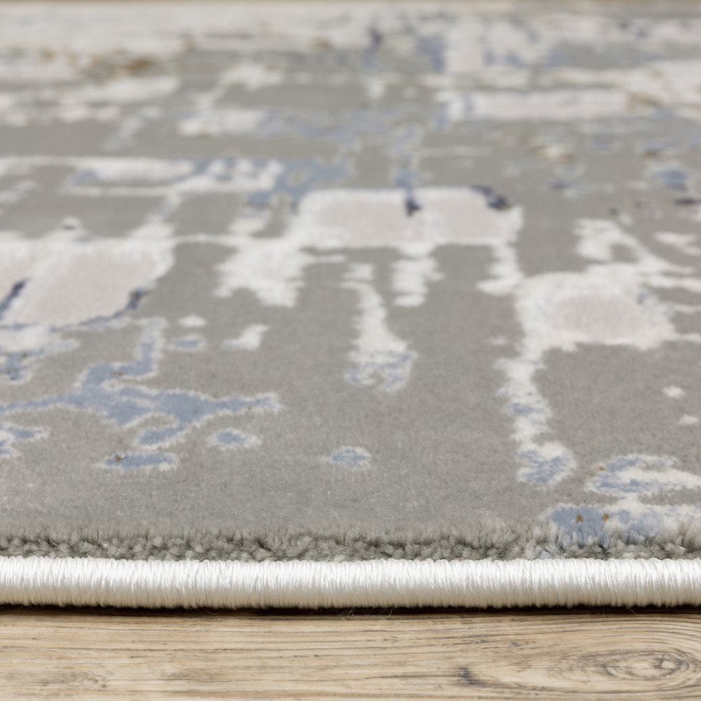 2" X 8" Grey Blue Brown Ivory And Deep Blue Abstract Power Loom Stain Resistant Runner Rug