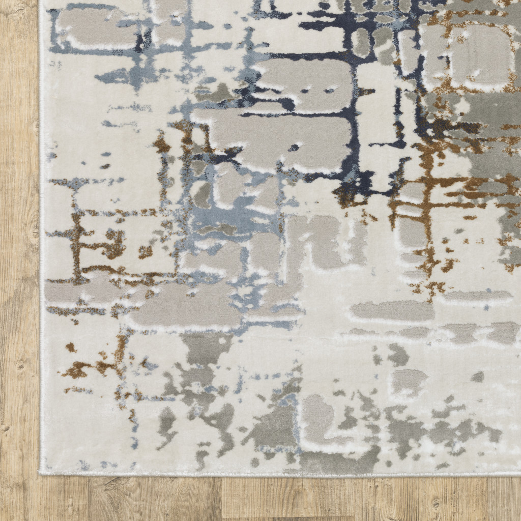 2" X 8" Grey Blue Brown Ivory And Deep Blue Abstract Power Loom Stain Resistant Runner Rug