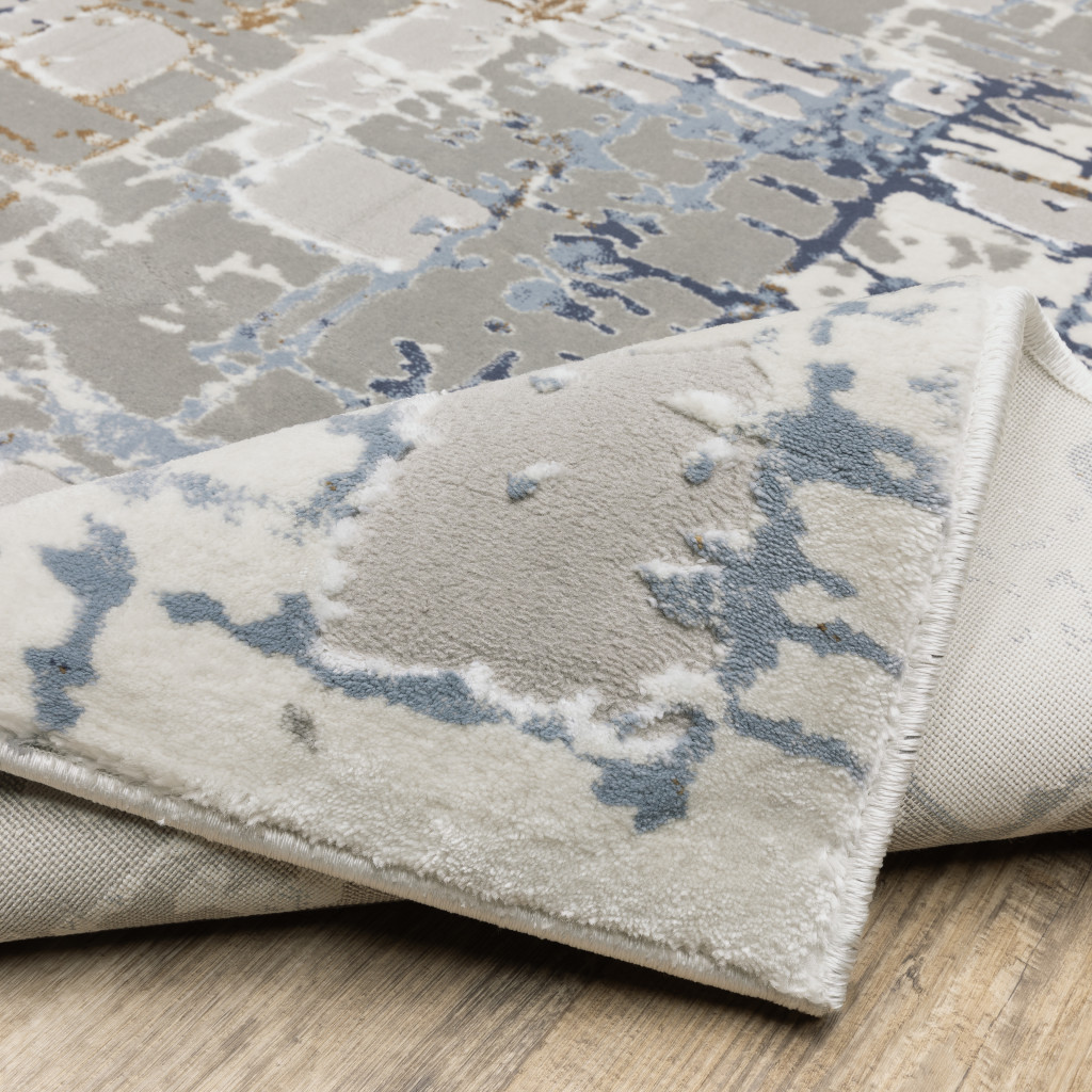 2" X 8" Grey Blue Brown Ivory And Deep Blue Abstract Power Loom Stain Resistant Runner Rug