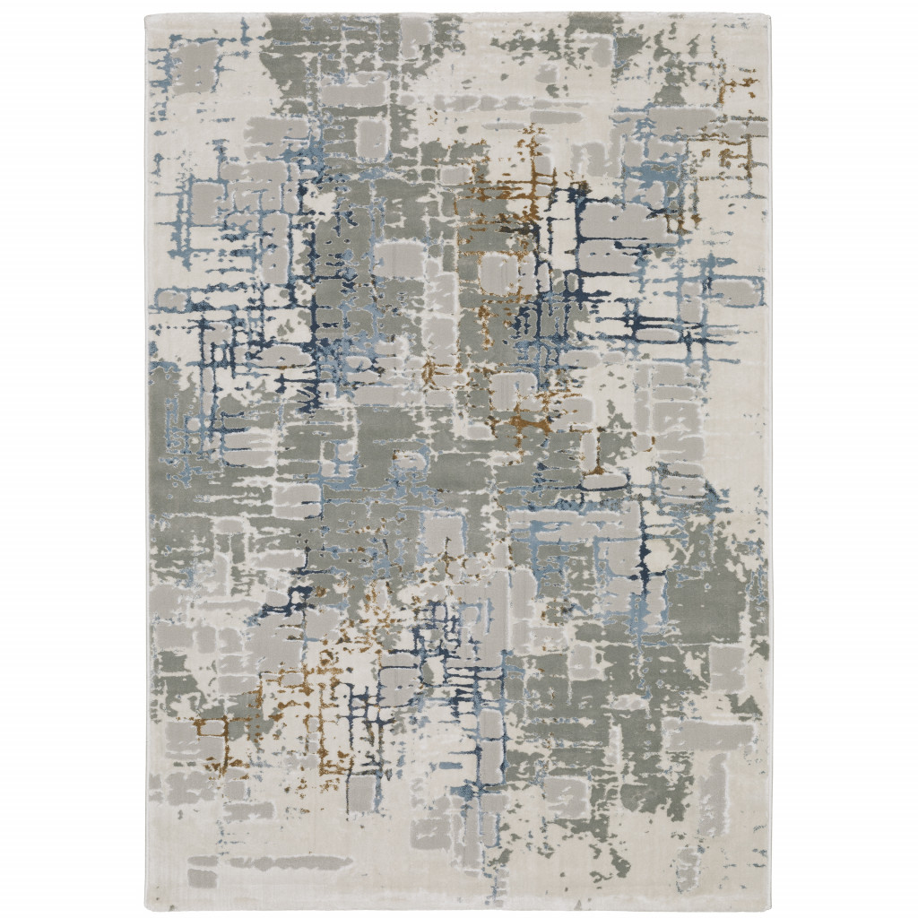 5 X 8 grey Blue Brown Ivory And Deep Blue Abstract Power Loom Stain Resistant Area Rug