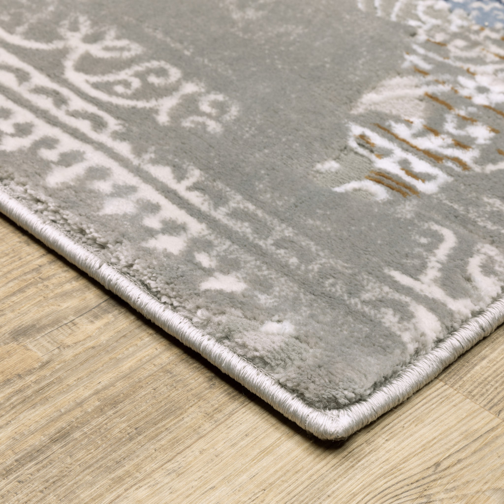 2 X 8 grey Blue Ivory Brown And Navy Abstract Power Loom Stain Resistant Runner Rug