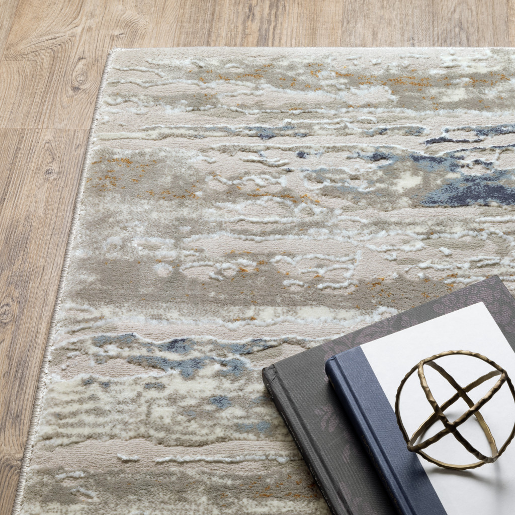 10" X 13" Blue Ivory Grey Light Blue And Brown Abstract Power Loom Stain Resistant Area Rug