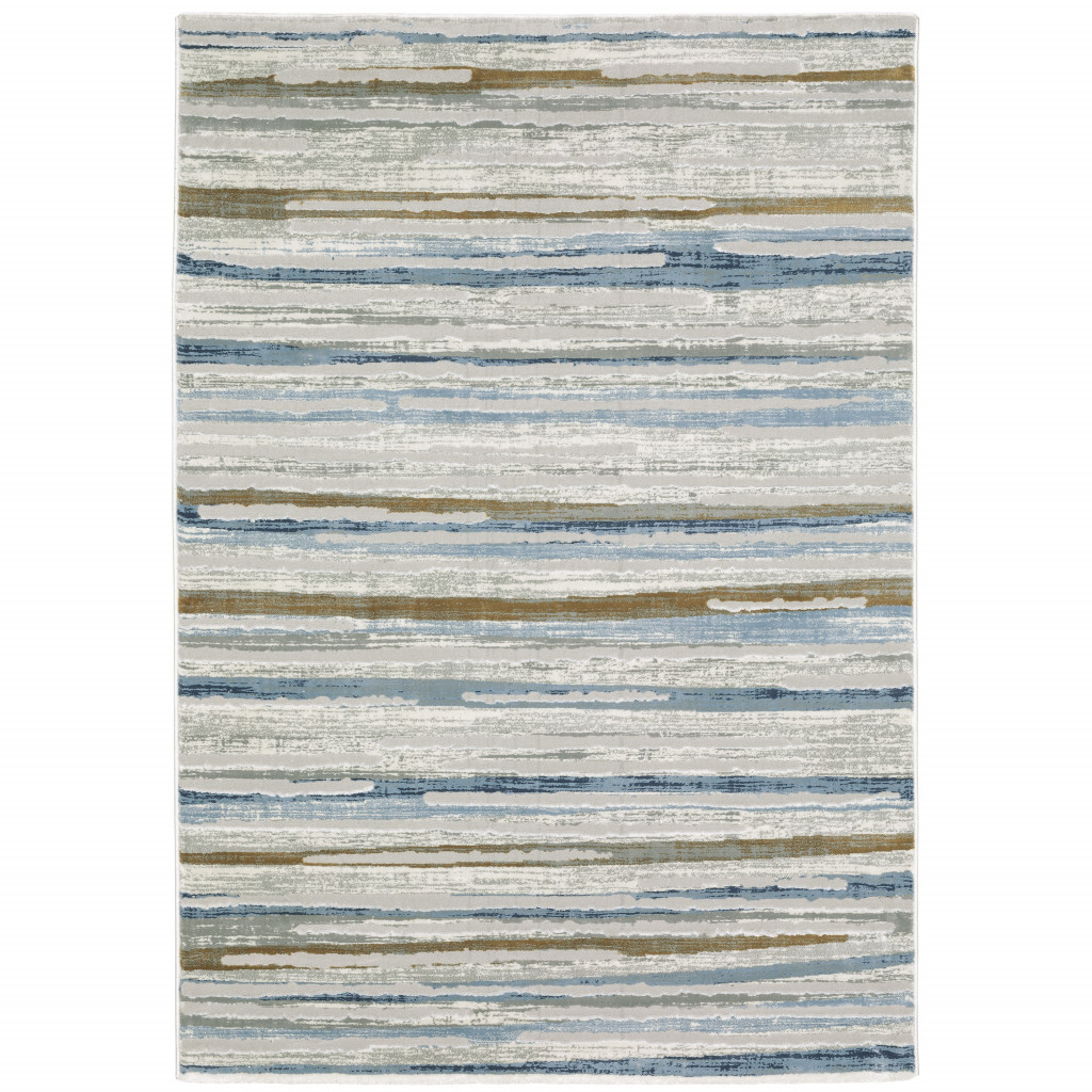 2" X 8" Grey Blue Ivory Brown Beige And Navy Abstract Power Loom Stain Resistant Runner Rug